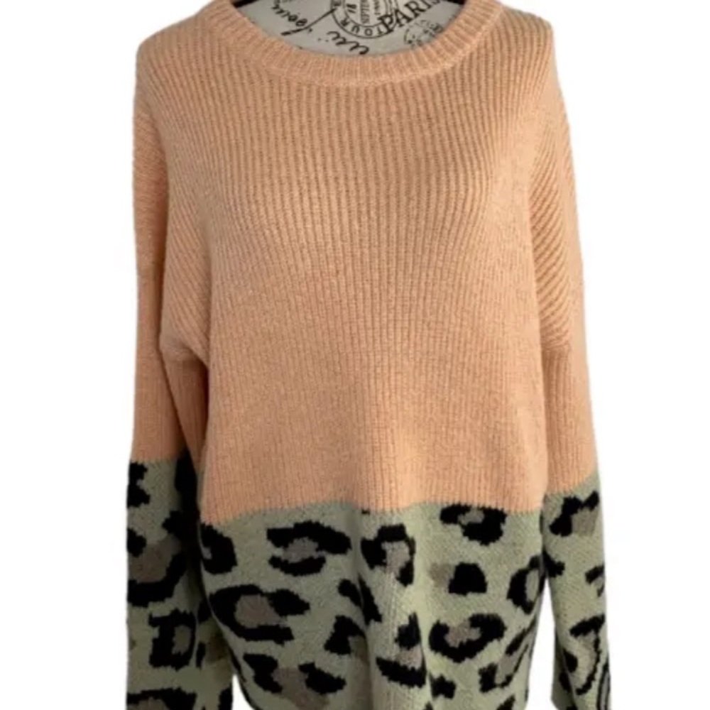 Blue B Collection Crew Neck Leopard Sweater Oversized Wool Blend Women's M/L